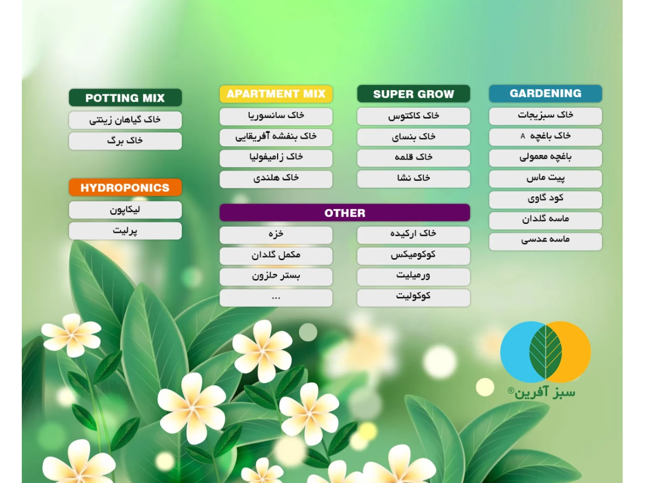 دسته بندی محصولات بستر کشت تخصصی و  انواع خاک آماده سبزآفرین

