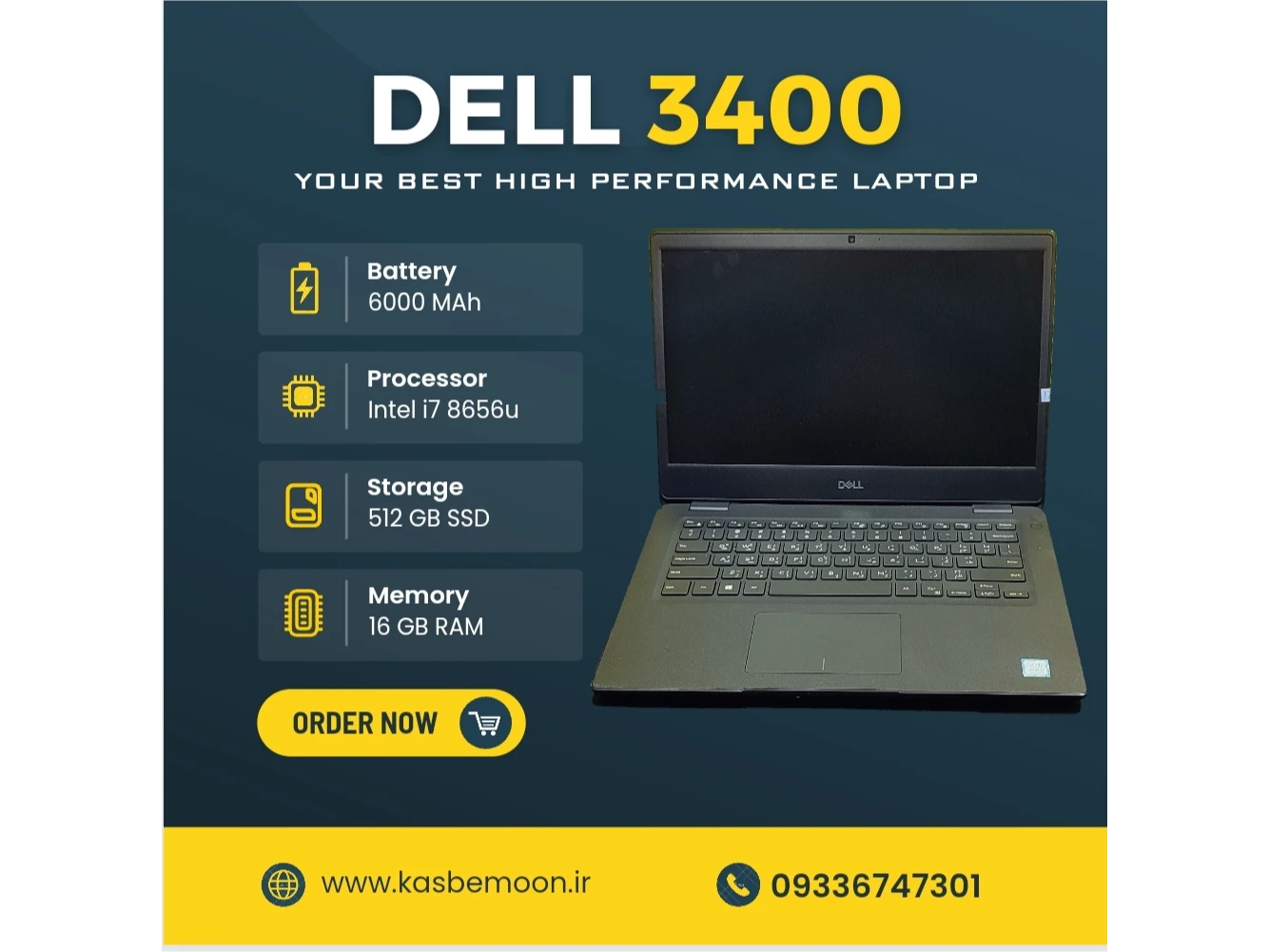 لپ تاپ کارکرده DELL 3400
INTEL i7 8656U
Ram 16GB 
SSD 512GB
VGA NVIDIA MX 130 2GB
DISPLAY 14INCH FULL HD

لپ تاپ بسیار تمیز در حد نو 
باتری عالی ، راحت دوتا فیلم با نور 60 درصد و صدای 50 درصد میتونین ببینین
